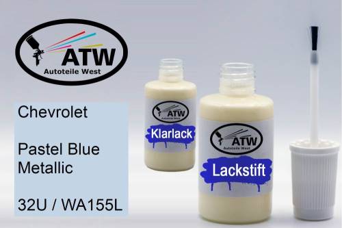 Chevrolet, Pastel Blue Metallic, 32U / WA155L: 20ml Lackstift + 20ml Klarlack - Set, von ATW Autoteile West.